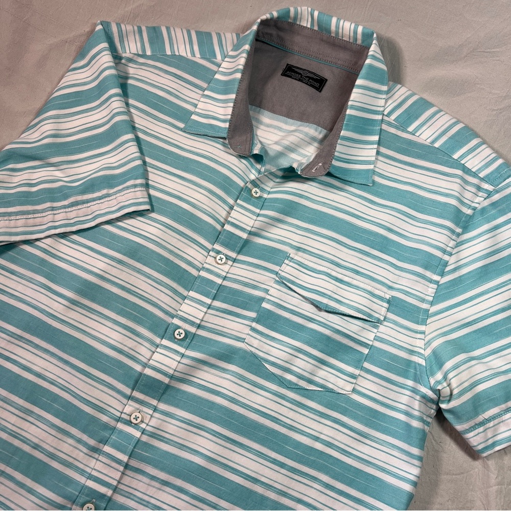 Across The Pond Shirt Mens XL Teal & White Striped Button Up S/S India NWOT
